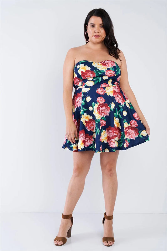 Junior Plus Size Navy Multi Floral Sweetheart Dress /1-1-1 - Tasha Apparel Wholesale
