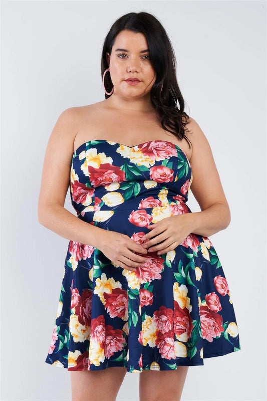 Junior Plus Size Navy Multi Floral Sweetheart Dress /2-2-2 - Tasha Apparel Wholesale