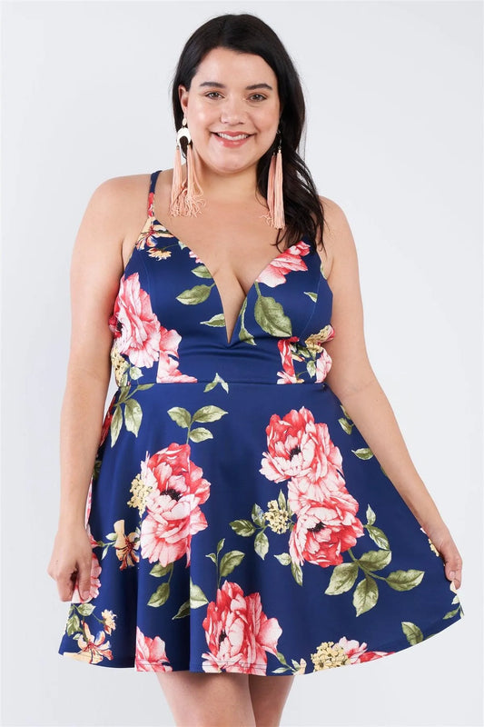 Junior Plus Size Navy Floral Plunging V-Neck Open Back Skater Mini Dress /2-2-2 - Tasha Apparel Wholesale