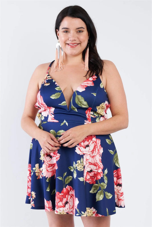 Junior Plus Size Navy Floral Plunging V-Neck Open Back Skater Mini Dress /3-2-2 - Tasha Apparel Wholesale