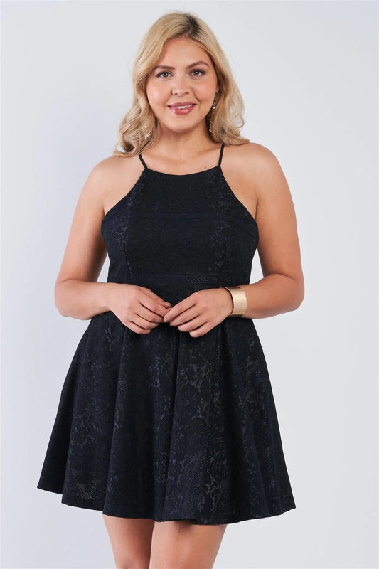 Junior Plus Size Black Floral Lace Square Neckline Criss Cross Open Back Flare Mini Dress /2-1-1 - Tasha Apparel Wholesale