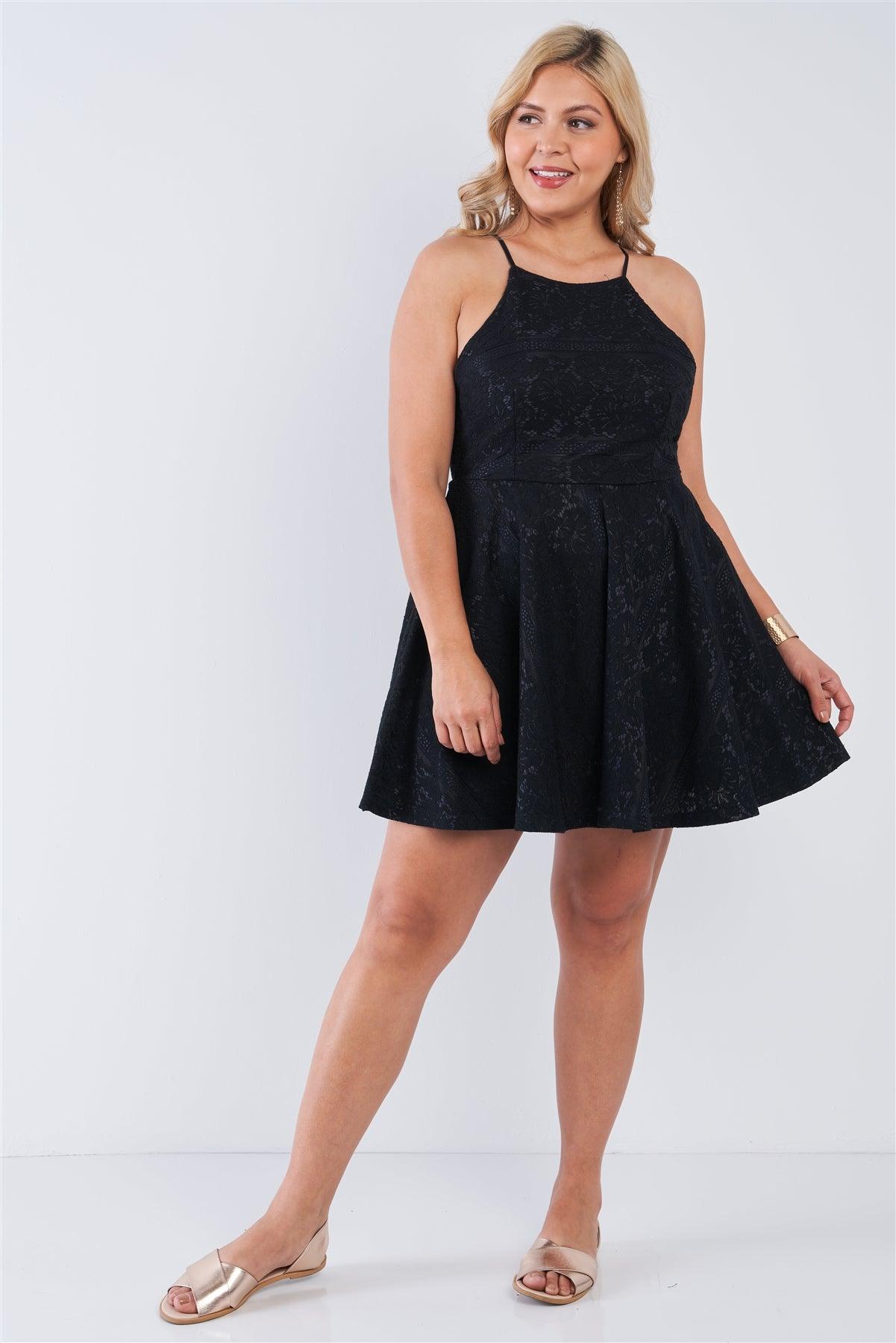 Junior Plus Size Black Floral Lace Square Neckline Criss Cross Open Back Flare Mini Dress /2-1-1