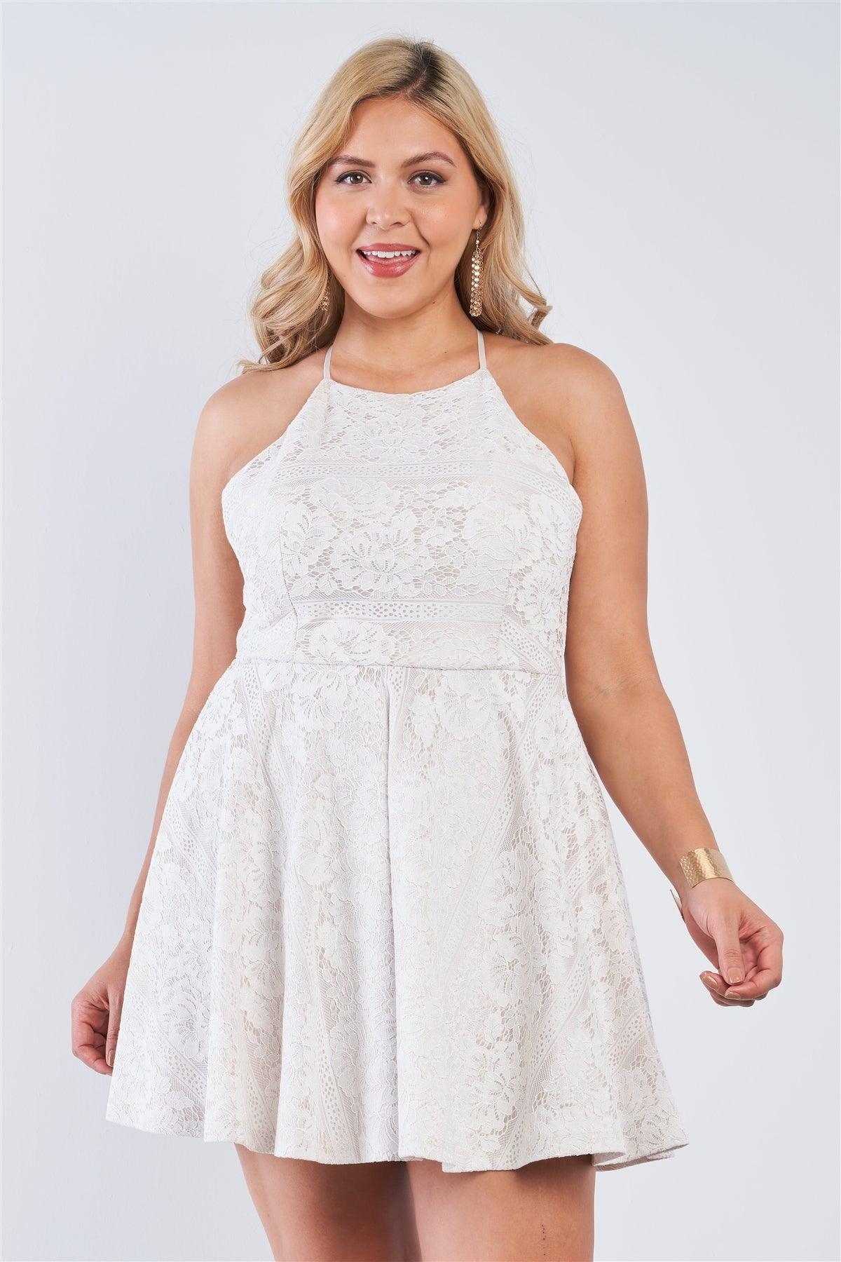 Junior Plus Size Off-White Floral Lace Square Neckline Criss Cross Open Back Flare Mini Dress /2-2-2