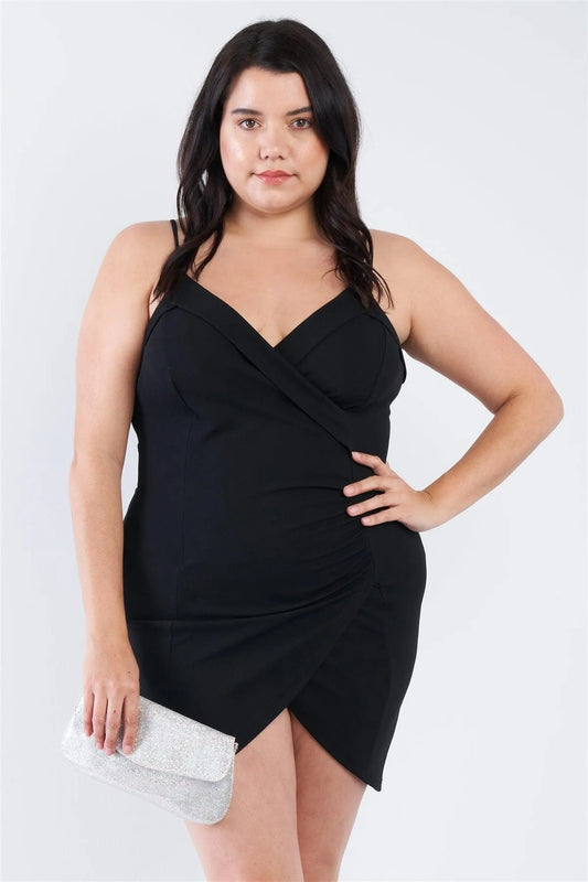 Junior Plus Size Black Wrap Front Ruched Bodycon Mini Dress /2-2-2 - Tasha Apparel Wholesale