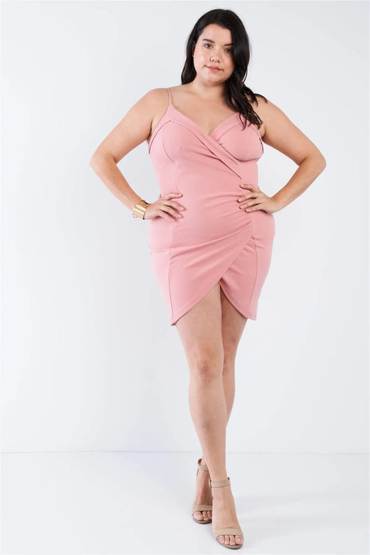 Junior Plus Size Mauve Wrap Front Ruched Bodycon Mini Dress /2-2-2 - Tasha Apparel Wholesale