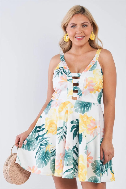 Junior Plus Size White Yellow Floral Print Caged Fit & Flare Mini Dress /2-1-1 - Tasha Apparel Wholesale