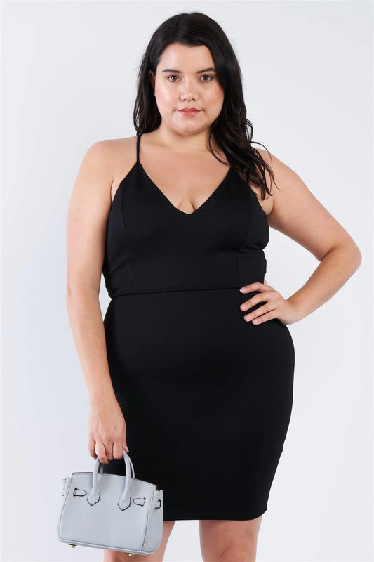 Junior Plus Size Black V-Neck Open Back Lace Up Mini Dress /3-2-2 - Tasha Apparel Wholesale