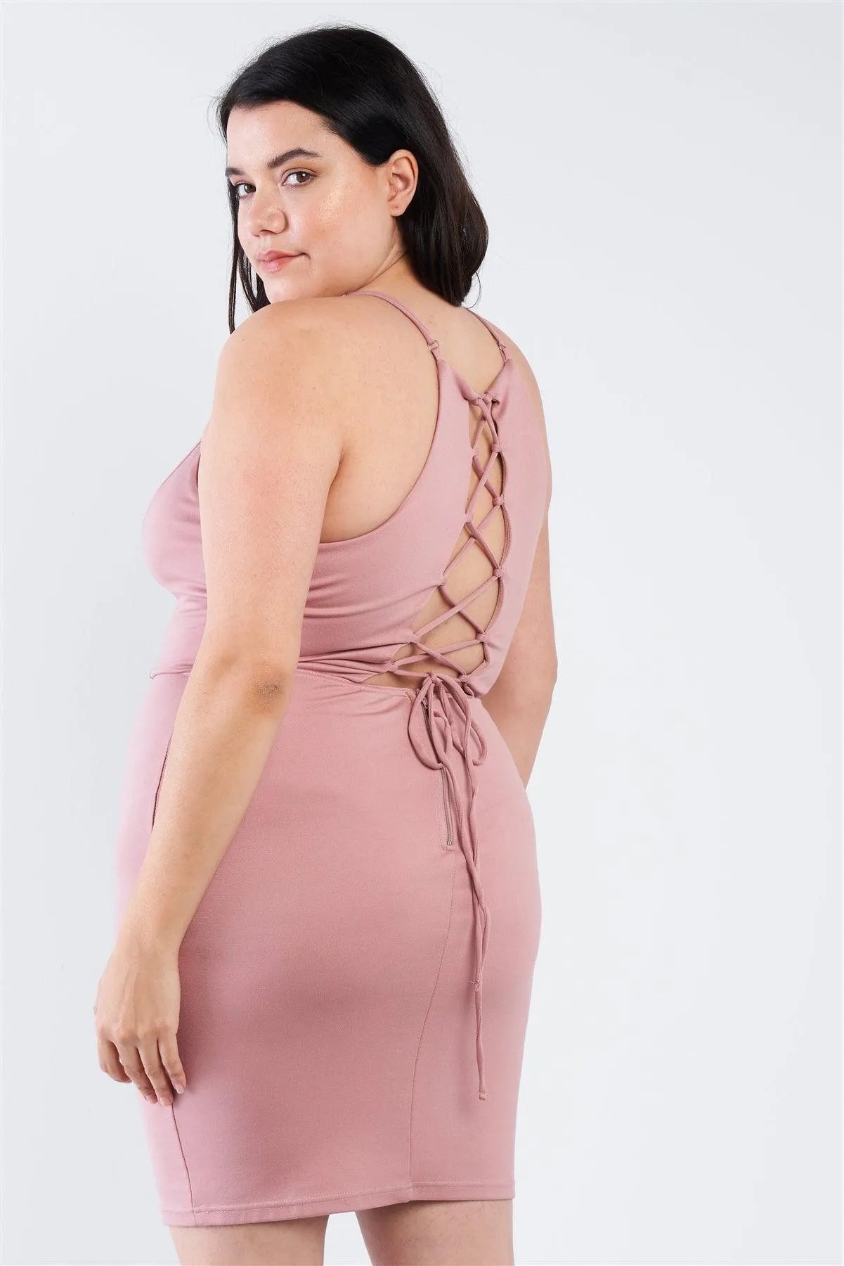 Junior Plus Size Mauve V-Neck Open Back Lace Up Mini Dress /2-1-1 - Tasha Apparel Wholesale