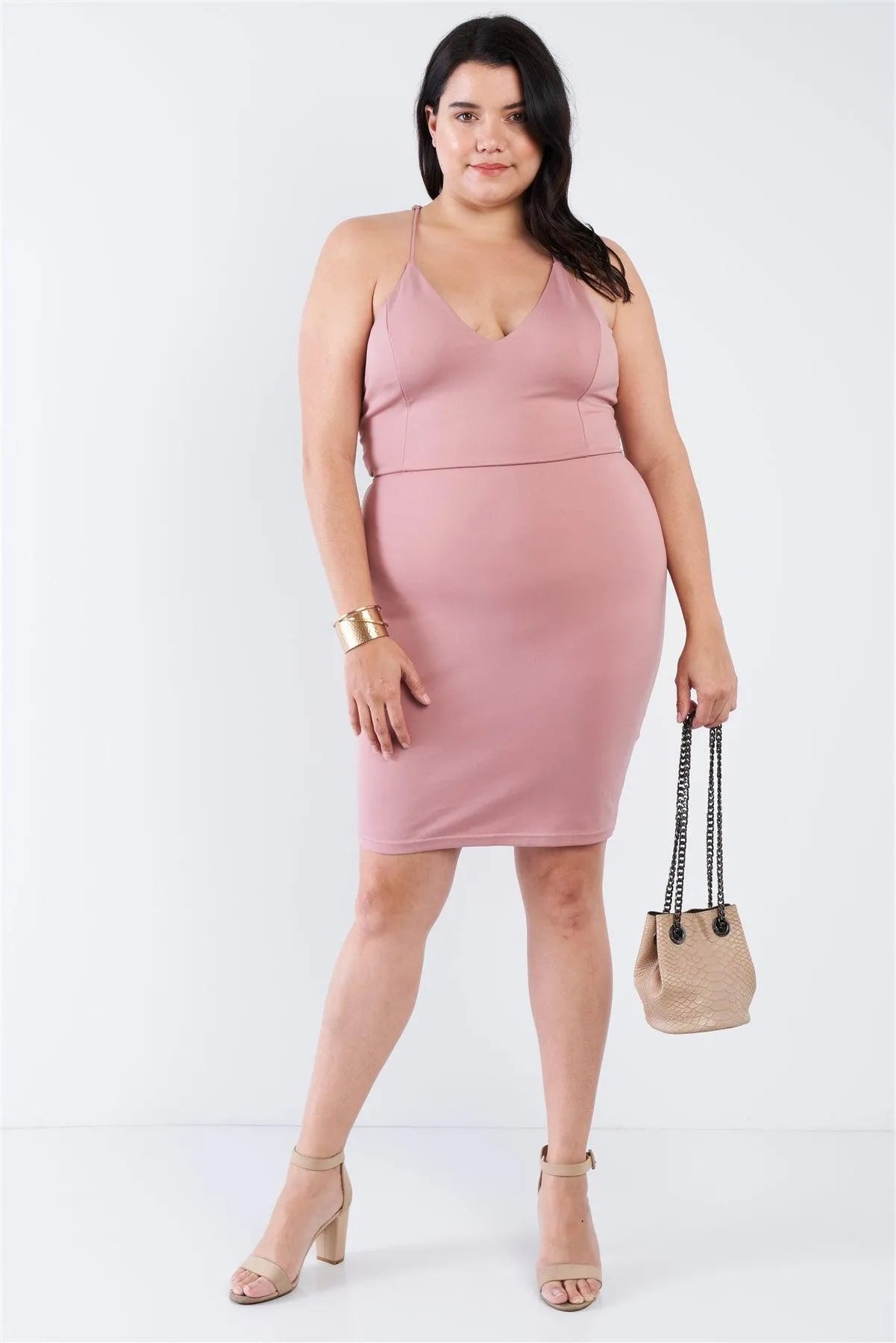 Junior Plus Size Mauve V-Neck Open Back Lace Up Mini Dress /2-1-1 - Tasha Apparel Wholesale