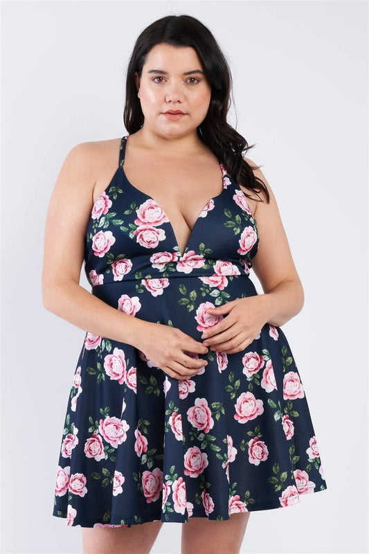 Junior Plus Size Navy V-Neck Floral Criss Cross Open Back Mini Dress - Tasha Apparel Wholesale