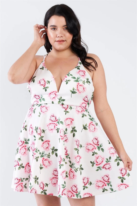 Junior Plus Size Off White V-Neck Floral Criss Cross Open Back Mini Dress /2-2-2 - Tasha Apparel Wholesale