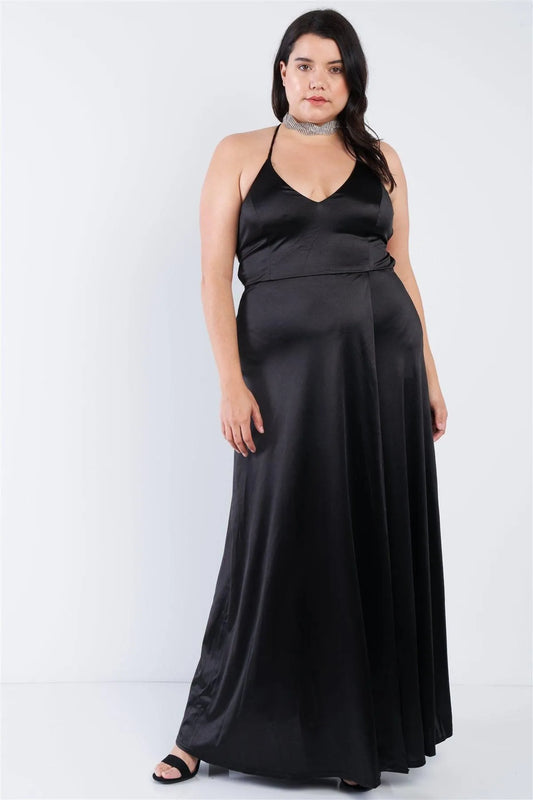 Junior Plus Size Black Satin Open Criss Cross Back Maxi Dress /2-2-2 - Tasha Apparel Wholesale