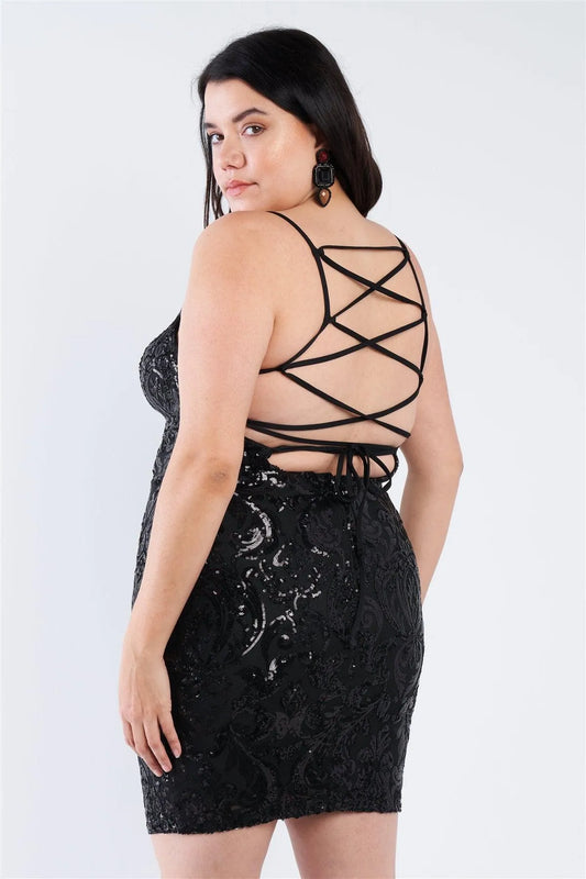 Junior Plus Size Black Criss Cross Back Sequin Mini Dress /2-2-3 - Tasha Apparel Wholesale