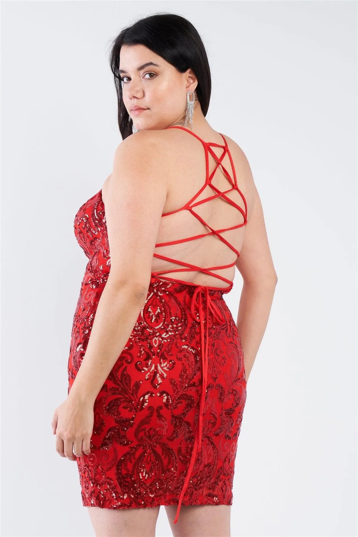 Junior Plus Size Red Criss Cross Back Sequin Mini Dress /2-2-2