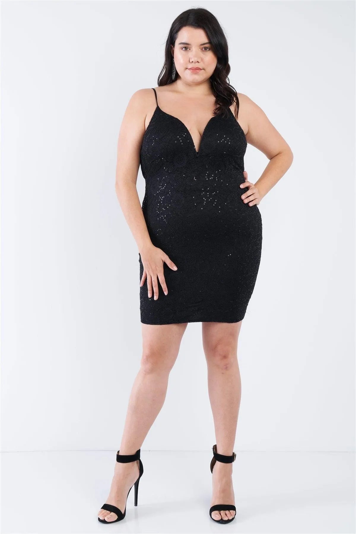 Junior Plus Size Black Floral Lace Sequin Embellished Mini Dress /2-2-2 - Tasha Apparel Wholesale