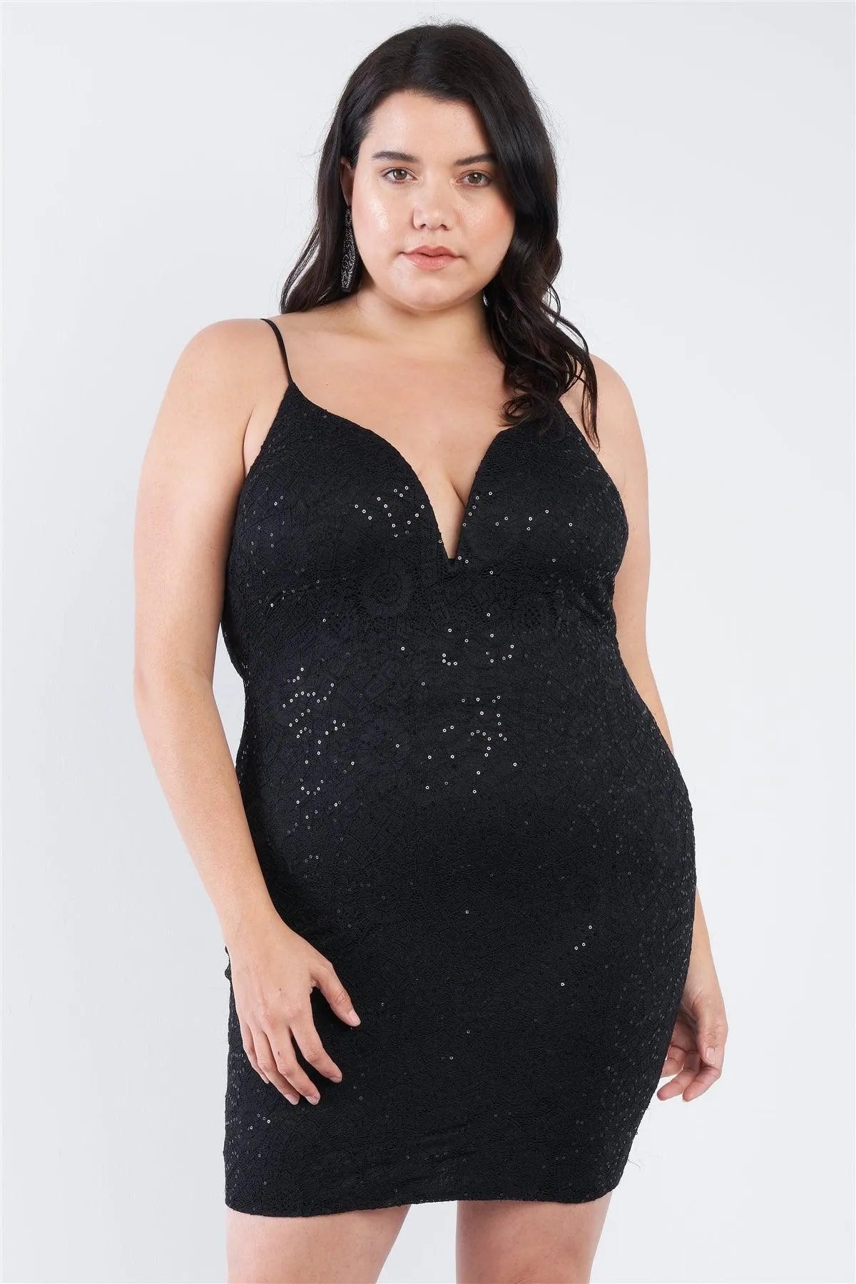 Junior Plus Size Black Floral Lace Sequin Embellished Mini Dress /2-2-2 - Tasha Apparel Wholesale