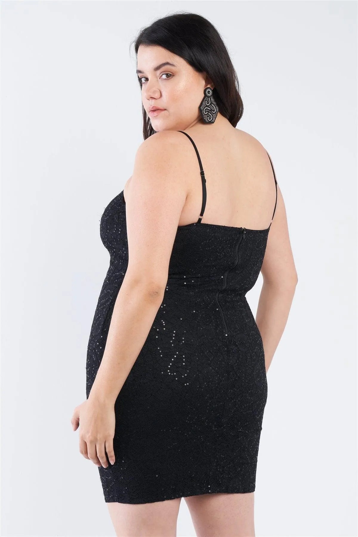 Junior Plus Size Black Floral Lace Sequin Embellished Mini Dress /2-2-2 - Tasha Apparel Wholesale