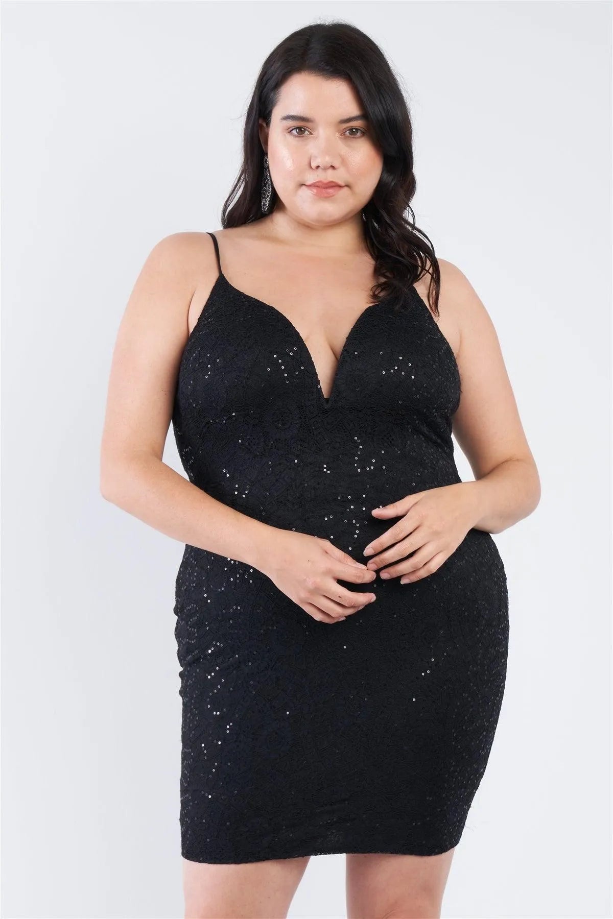 Junior Plus Size Black Floral Lace Sequin Embellished Mini Dress /2-2-2 - Tasha Apparel Wholesale