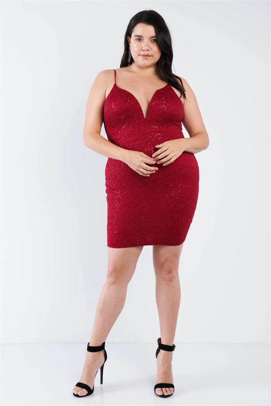 Junior Plus Size Burgundy Floral Lace Sequin Embellished Mini Dress /2-2-2 - Tasha Apparel Wholesale
