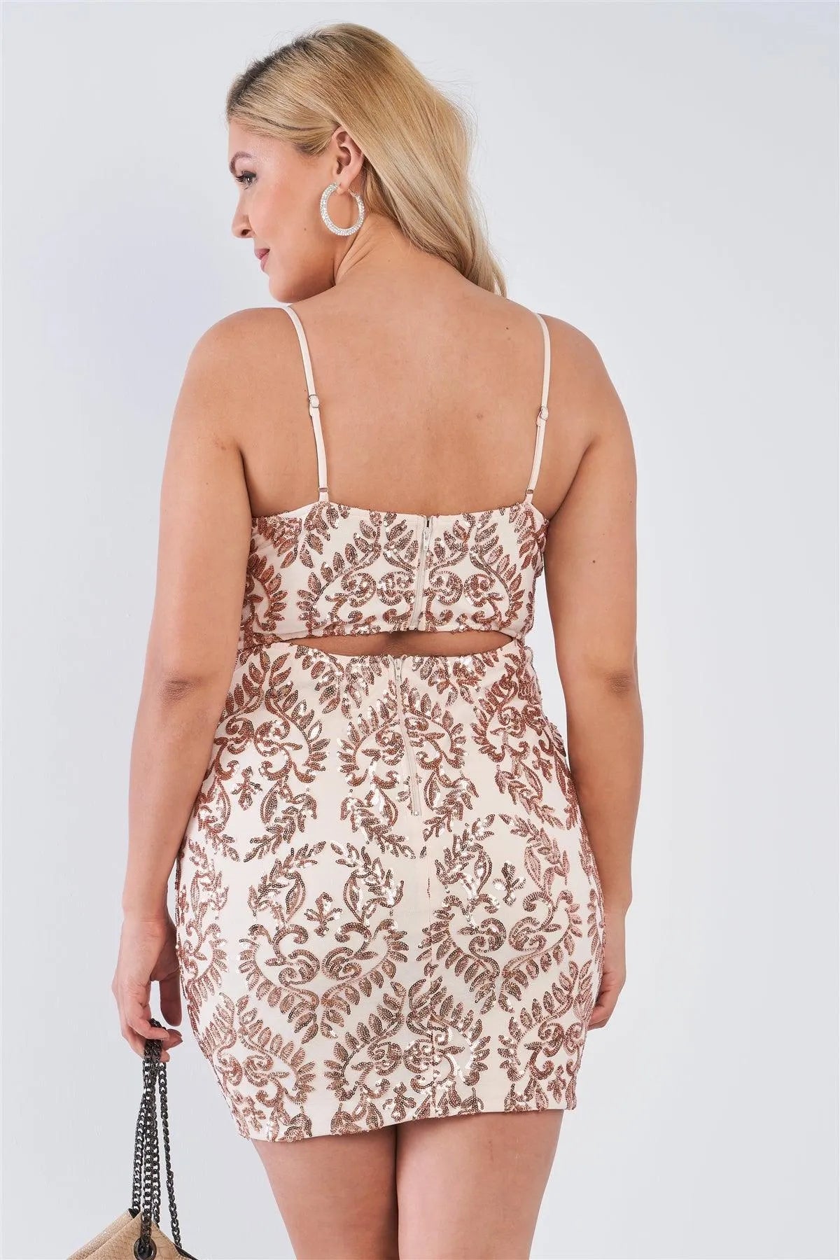 Junior Plus Size Champagne Open Back V-Neck Sequin Bodycon Mini Dress /2-1-1 - Tasha Apparel Wholesale