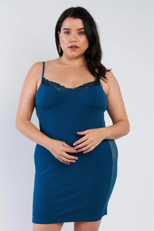 Junior Plus Size Teal Lace Mesh Dress /2-2-2 - Tasha Apparel Wholesale