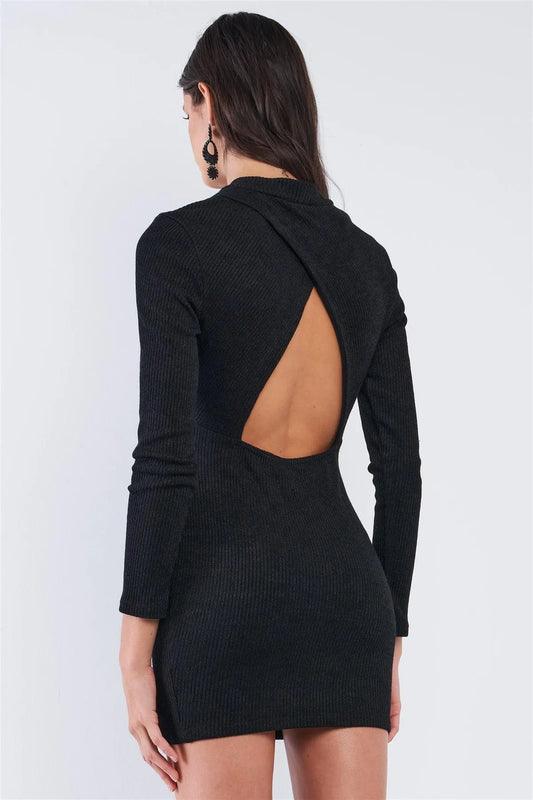 Solid Black Long Sleeve Ribbed Knit Sexy Cut Out Back Mini Dress /2-2-2 - Tasha Apparel Wholesale