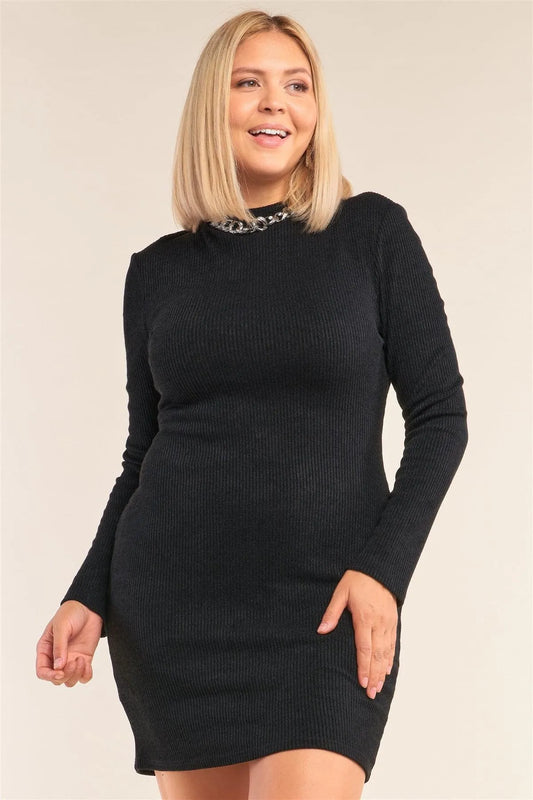 Junior Plus Size Black Long Sleeve Ribbed Knit Sexy Cut Out Back Mini Dress /2-2-2 - Tasha Apparel Wholesale