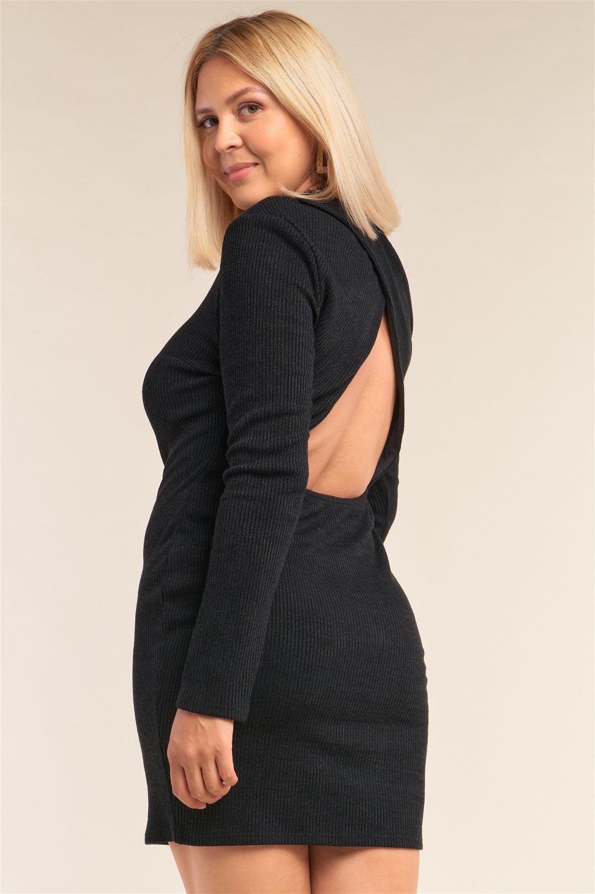 Junior Plus Size Black Long Sleeve Ribbed Knit Sexy Cut Out Back Mini Dress /3-2-2