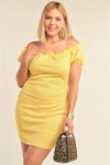Junior Plus Size Lemon Yellow Sparkly Tweed Plaid Fitted Off-The-Shoulder Frill Hem Mini Dress /2-2-2