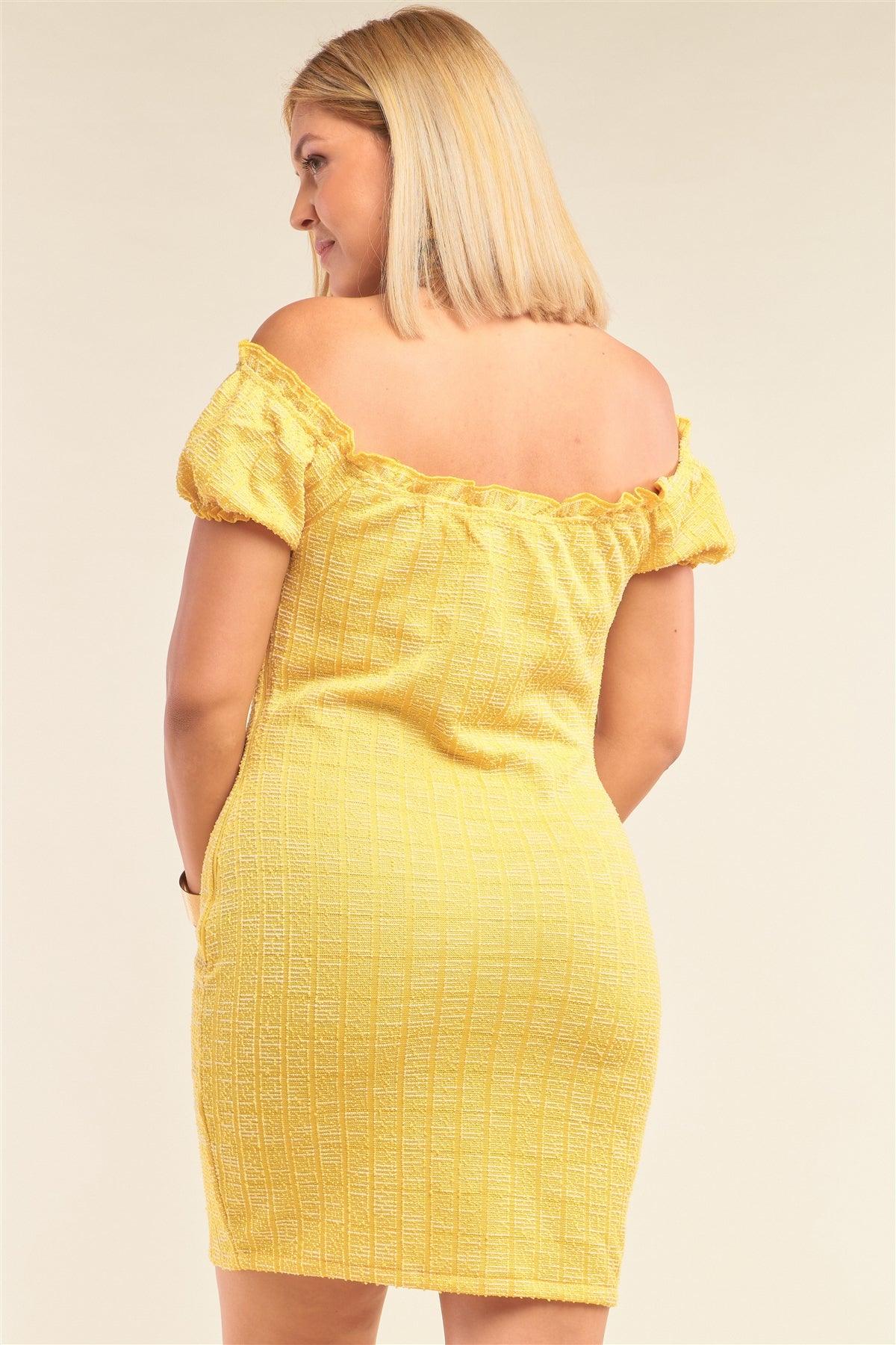 Junior Plus Size Lemon Yellow Sparkly Tweed Plaid Fitted Off-The-Shoulder Frill Hem Mini Dress /2-2-2