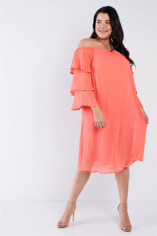 Junior Plus Size Bright Coral Boho Midi Dress /2-2-2-1 - Tasha Apparel Wholesale