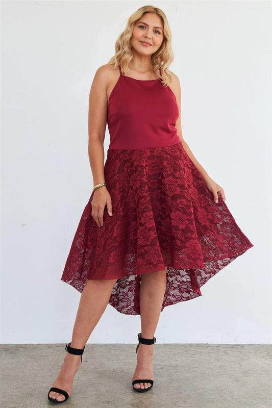 Junior Plus Size Cabernet Square Neckline Hi-Low Floral Lace Maxi Dress /2-2-2-1 - Tasha Apparel Wholesale