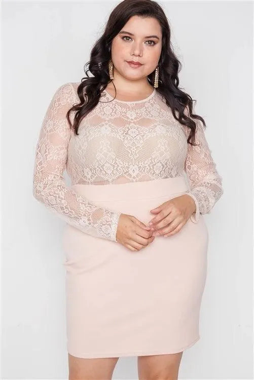 Junior Plus Size Blush Combo Lace Long Sleeve Dress /2-2-2 - Tasha Apparel Wholesale