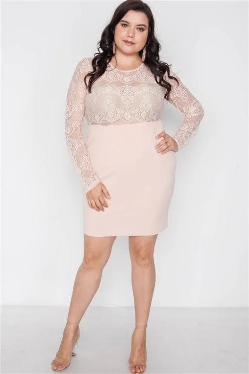 Junior Plus Size Blush Combo Lace Long Sleeve Dress /2-3-1 - Tasha Apparel Wholesale