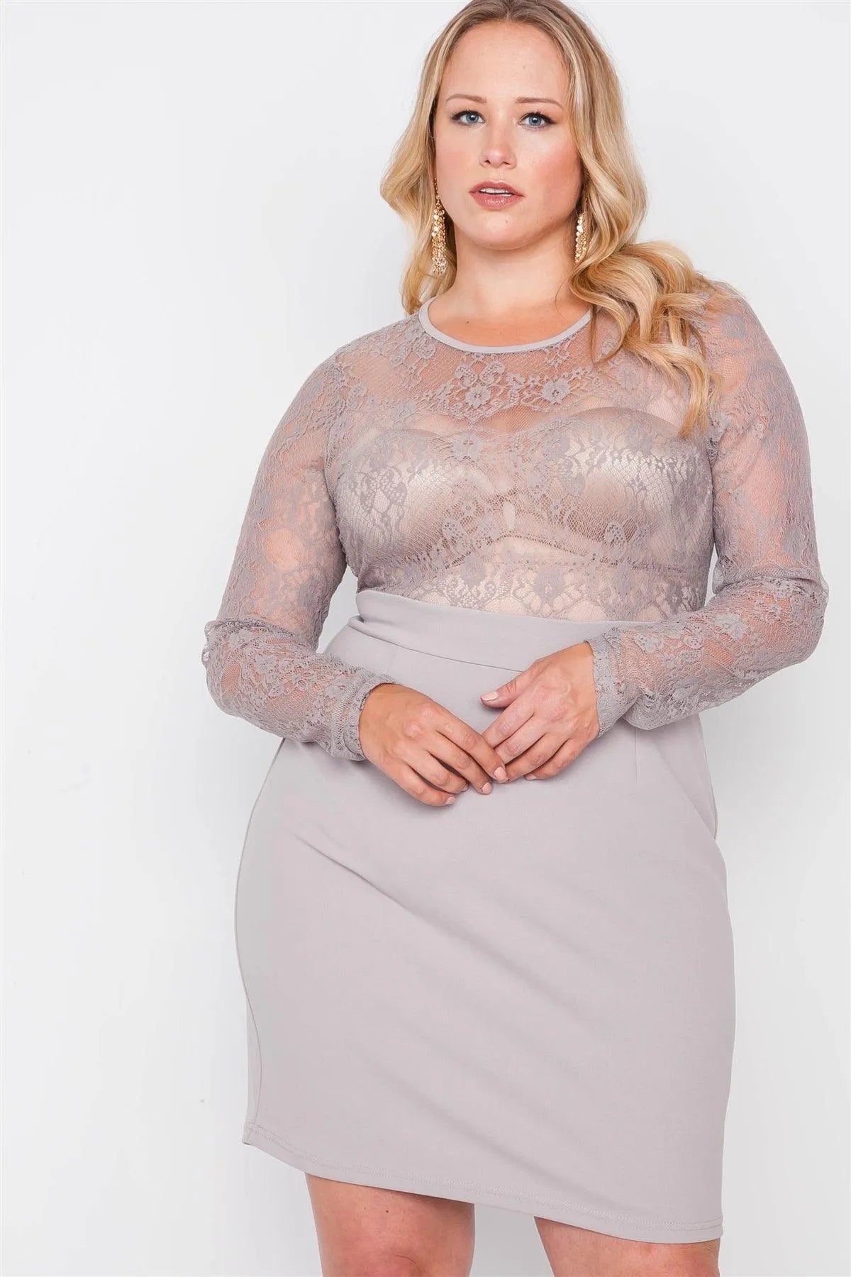 Junior Plus Size Smoke Grey Combo Lace Long Sleeve Dress /2-2-2 - Tasha Apparel Wholesale