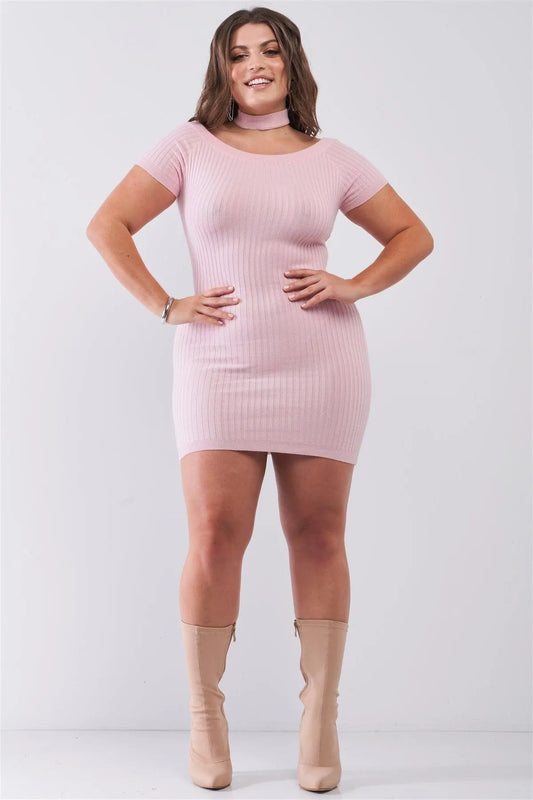 Junior Plus Size RosÈ Short Sleeve Ribbed Knit Halter Neck Zip-Up Back Mini Dress /2-2-2 - Tasha Apparel Wholesale