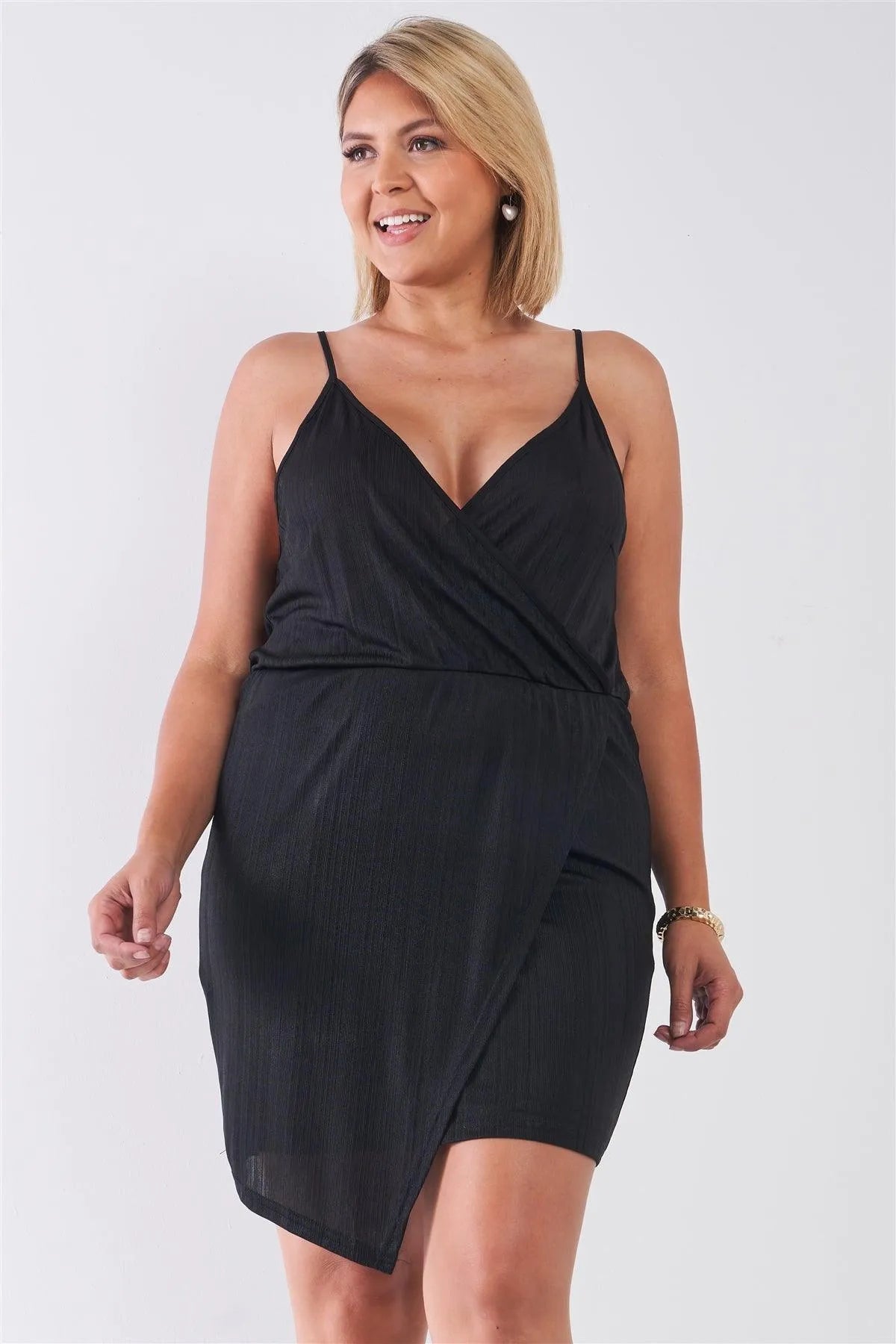 Junior Plus Size Black Surplice Neckline Cami Mini Dress / 2-2-2 - Tasha Apparel Wholesale
