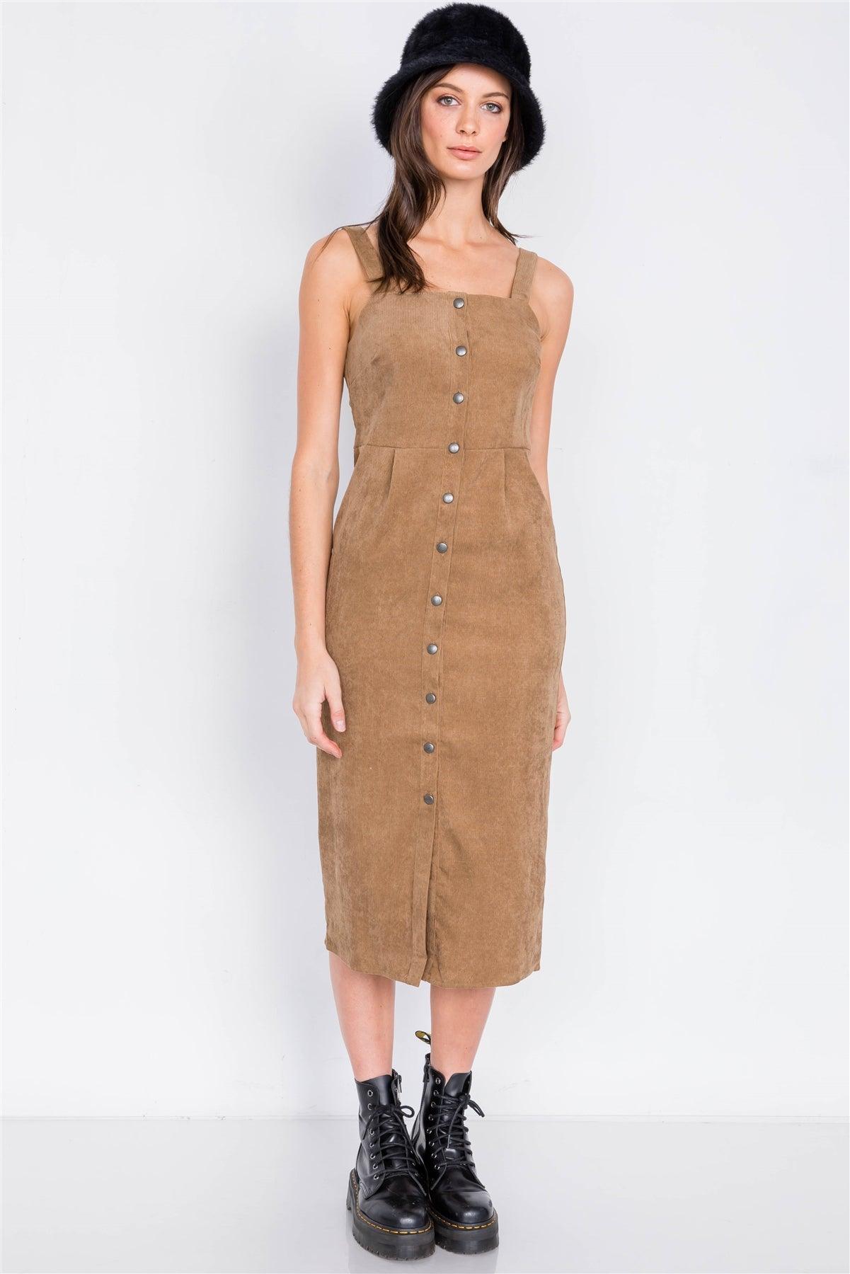 Camel Ribbed Suede Front Button Casual Midi Dress /2-2-2