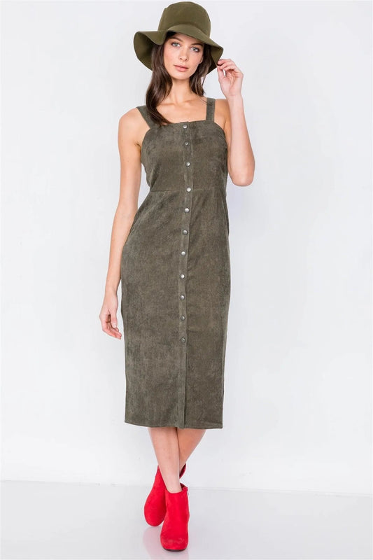 Olive Ribbed Suede Front Button Casual Midi Dress /2-3 - Tasha Apparel Wholesale