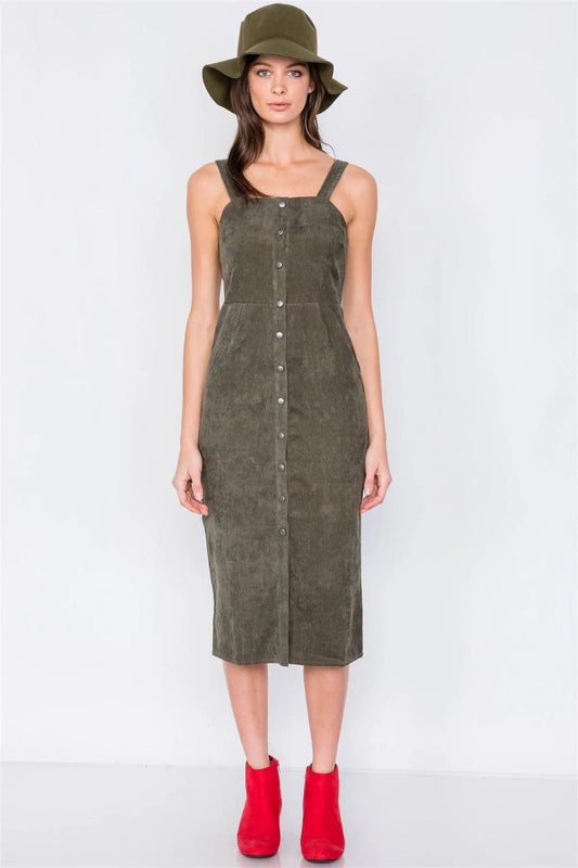 Olive Ribbed Suede Front Button Casual Midi Dress /2-2-2 - Tasha Apparel Wholesale