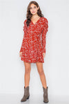 Sheer Red Floral Cinched Ruffle Shoulder Mini Dress /2-2