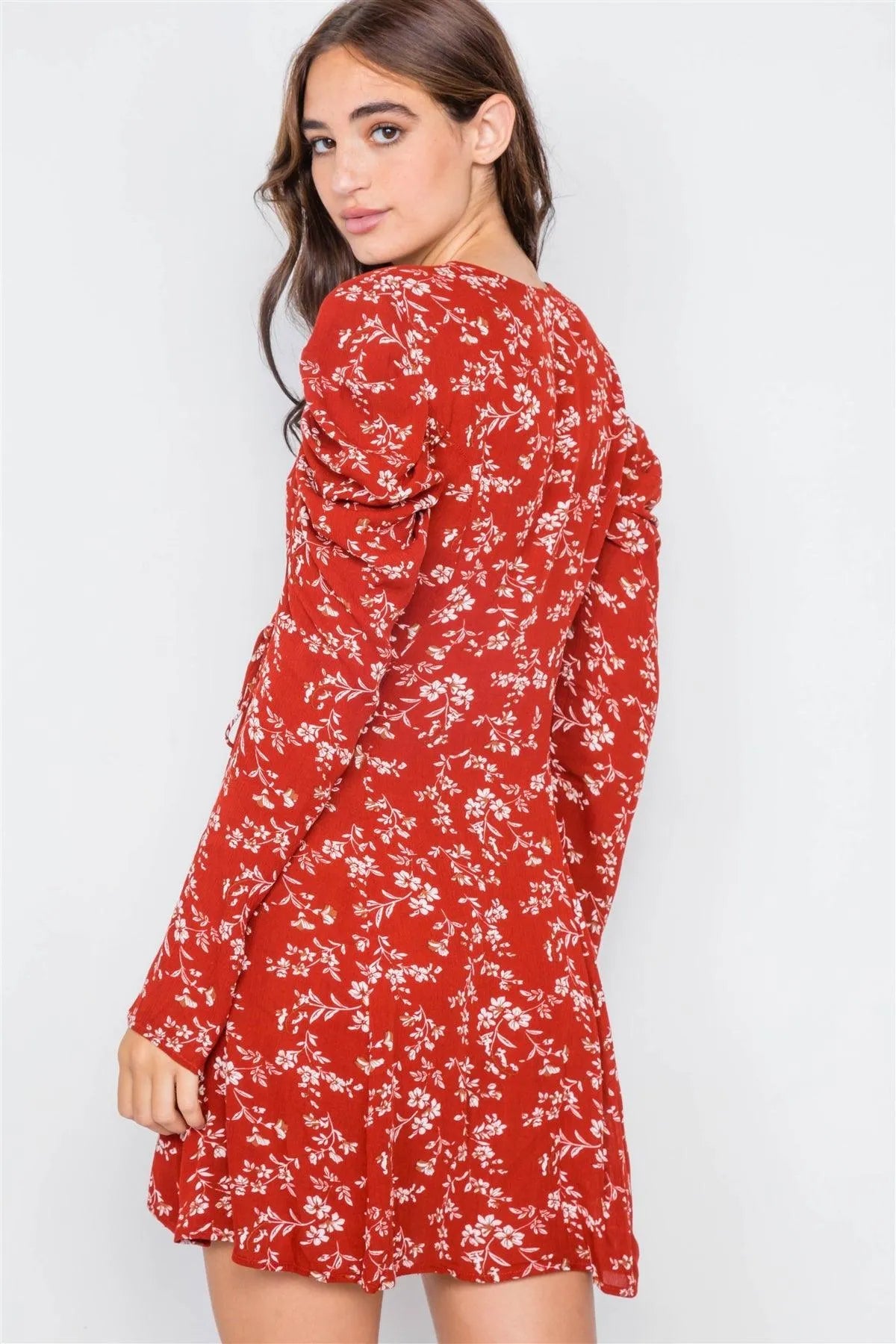 Sheer Red Floral Cinched Ruffle Shoulder Mini Dress /2-2-2 - Tasha Apparel Wholesale
