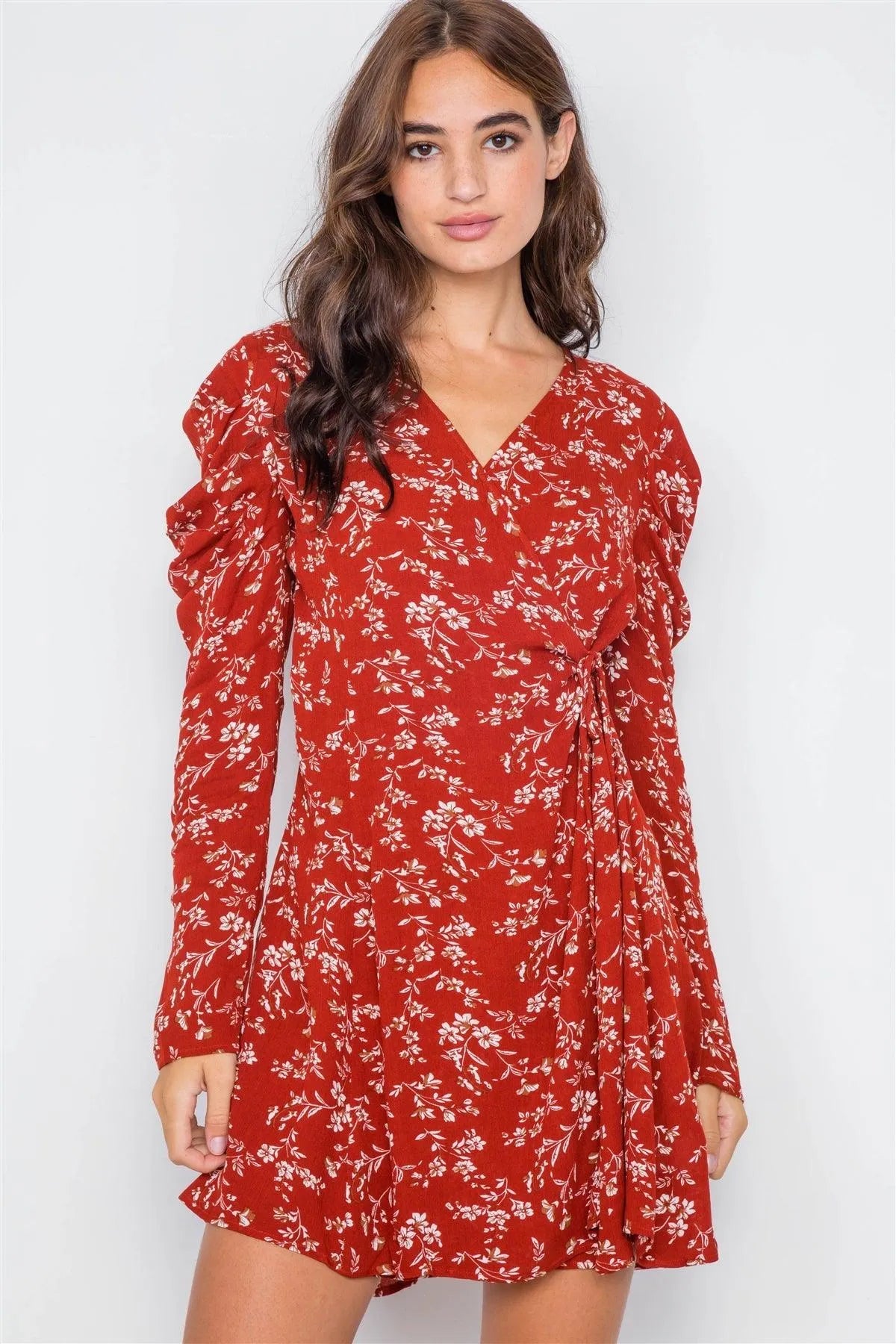 Sheer Red Floral Cinched Ruffle Shoulder Mini Dress /2-2-2 - Tasha Apparel Wholesale