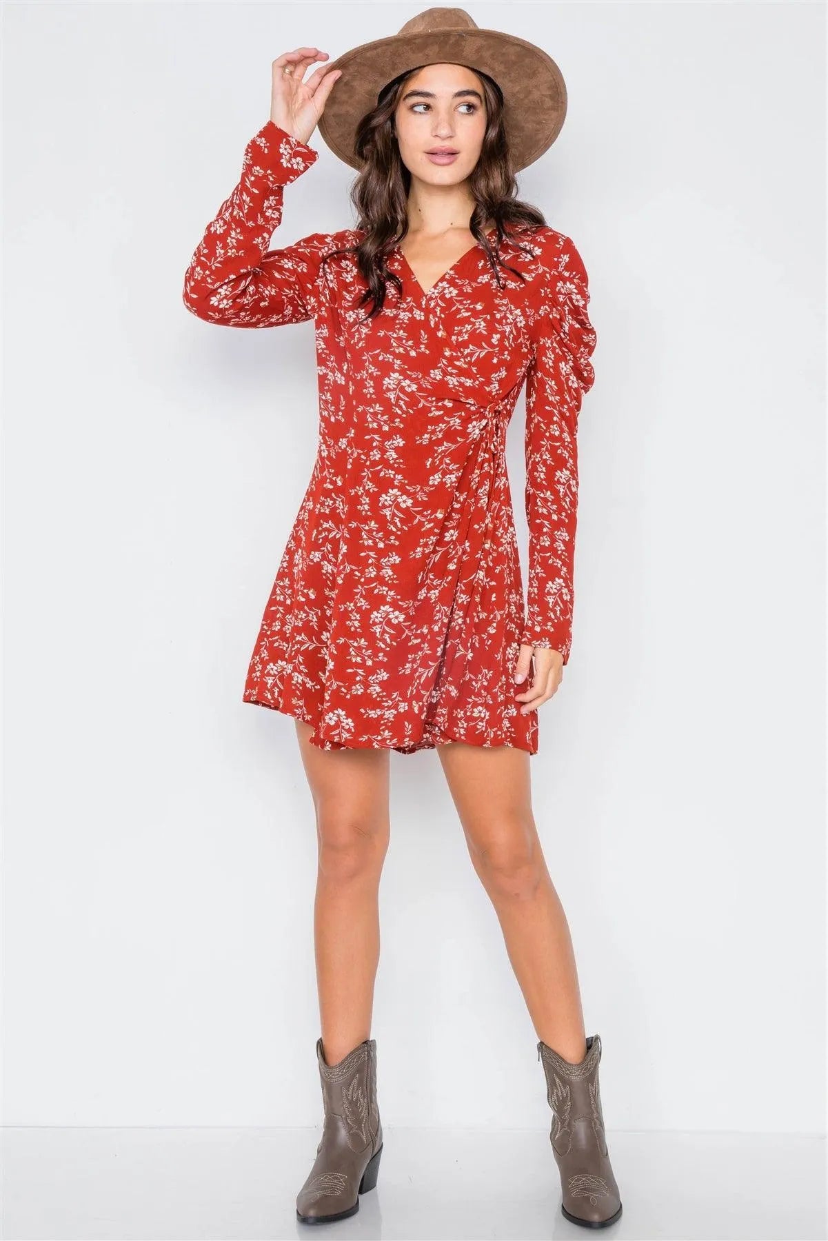 Sheer Red Floral Cinched Ruffle Shoulder Mini Dress /2-2-2 - Tasha Apparel Wholesale