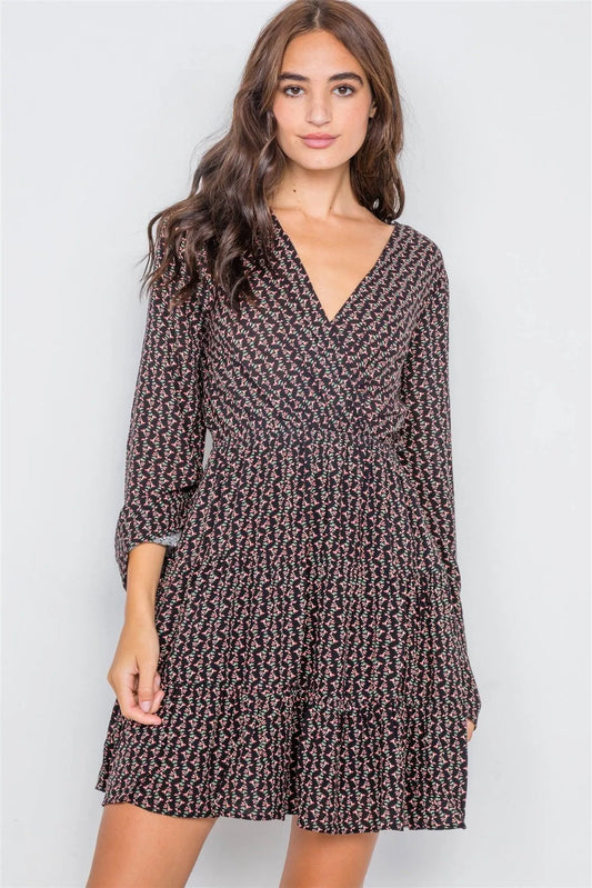 Black Floral Printed Mini Dress /2-2-2 - Tasha Apparel Wholesale