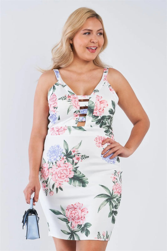Junior Plus Size Off-White Floral V-Neck Strap Front Bodycon Mini Dress /3-2-2 - Tasha Apparel Wholesale