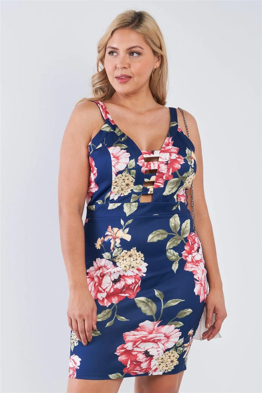 Junior Plus Size Navy Floral V-Neck Strap Front Bodycon Mini Dress /2-2-2 - Tasha Apparel Wholesale