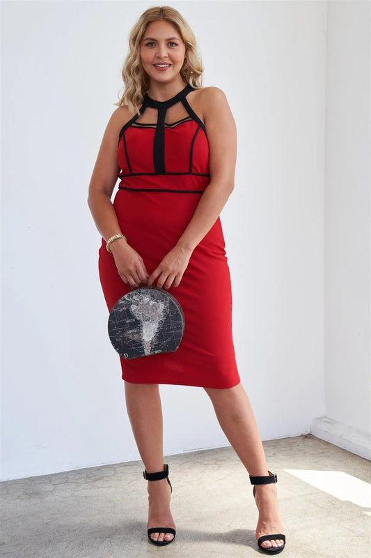 Junior Plus Size Barbados Cherry Cage Halter Neck Bodycon Midi Dress /2-2-2-1 - Tasha Apparel Wholesale