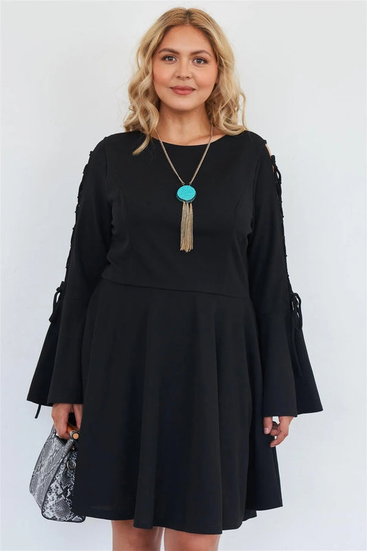 Junior Plus Size Black Lace Up Detail Bell Sleeve Dress /1-2-2-1 - Tasha Apparel Wholesale