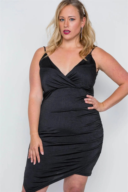 Junior Plus Size Black Cami Surplice Bodycon Mini Dress /2-2-2 - Tasha Apparel Wholesale